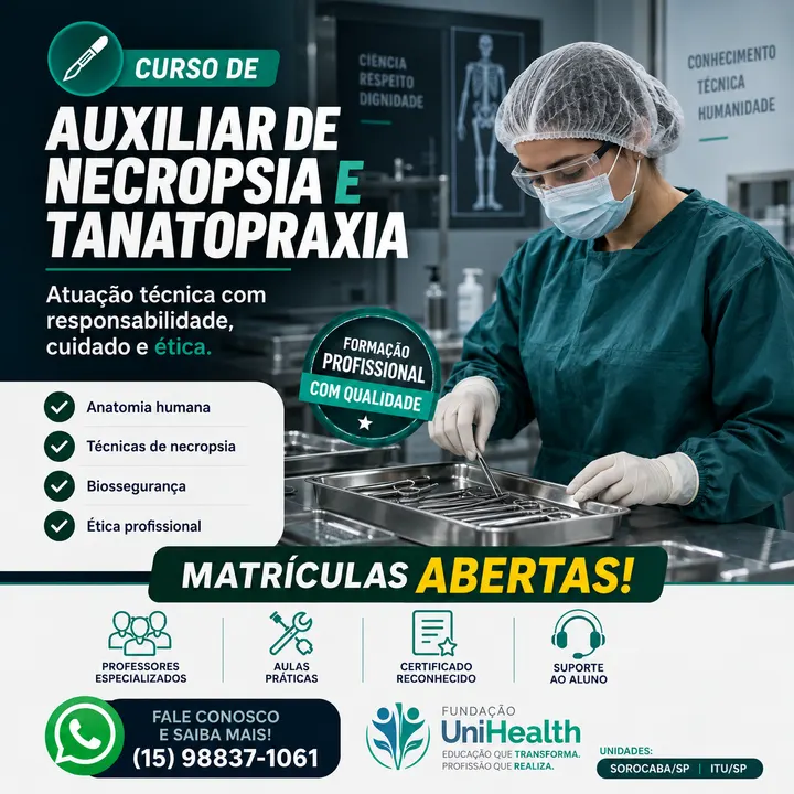 Material de divulgação do curso Auxiliar de Necropsia e Tanatopraxia